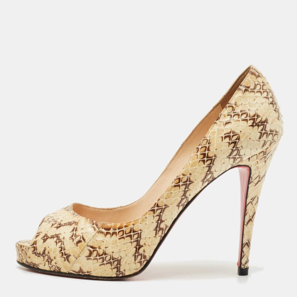 Christian Louboutin Cream/Brown Python Leather New Very Prive Peep Toe Pumps Size 39.5 Christian Louboutin Cream/Brown Python Leather New Very Prive Peep Toe Pumps Size 39.5