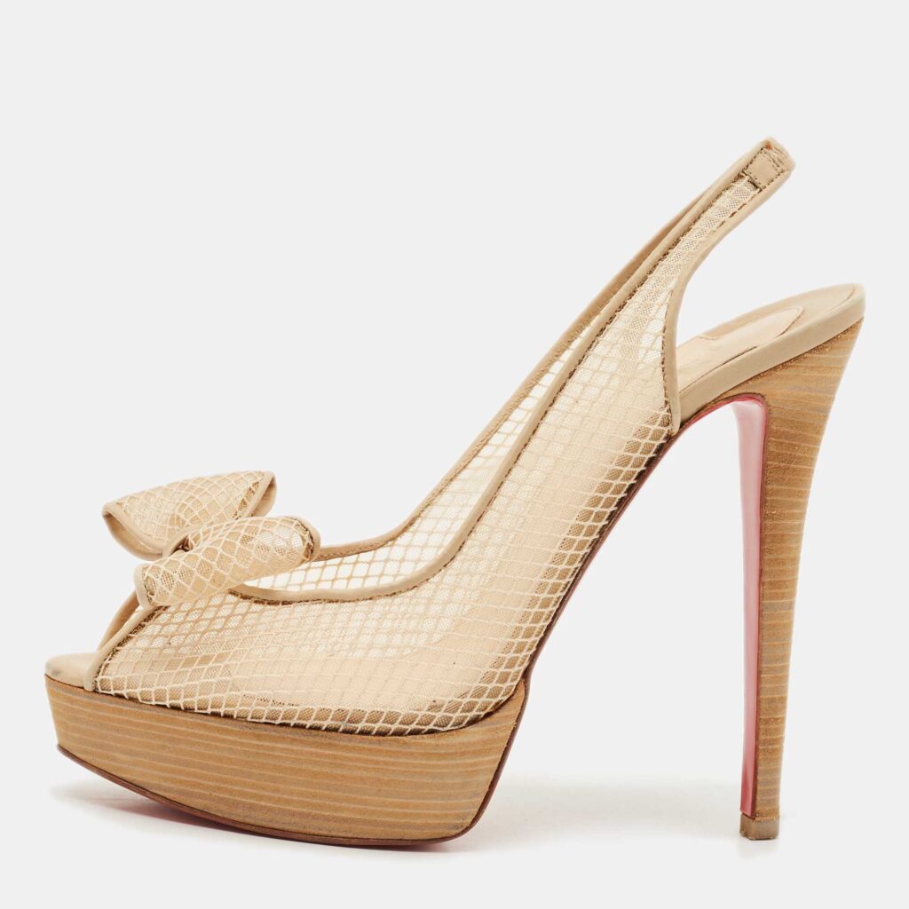 Christian Louboutin Beige Mesh and Leather Bow Slingback Pumps Size 39 Christian Louboutin Beige Mesh and Leather Bow Slingback Pumps Size 39