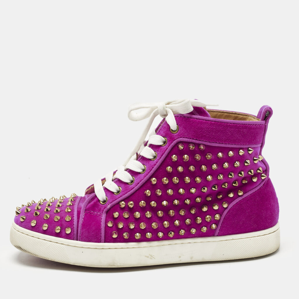 Christian Louboutin Pink Velvet Spike Louis High Top Sneakers Size 40.5