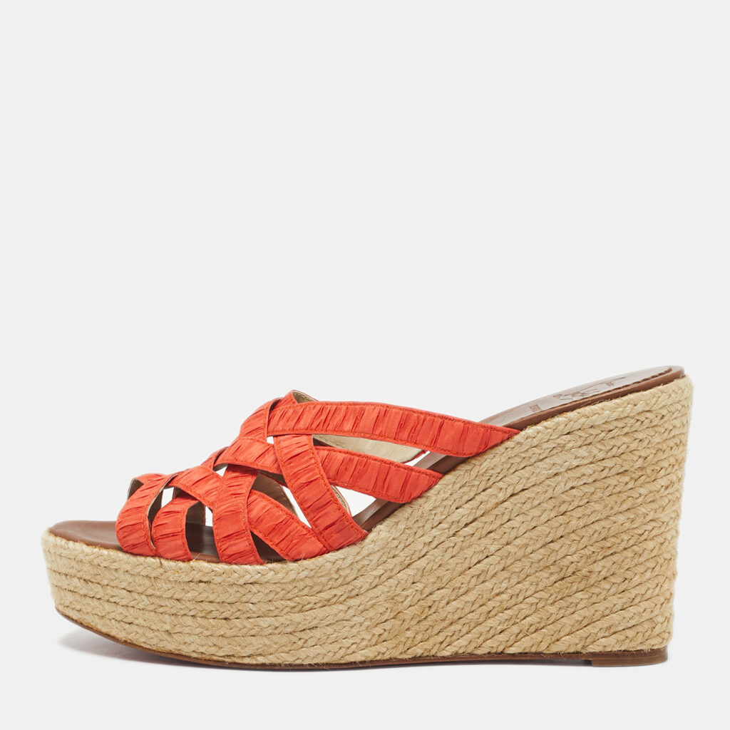 Christian Louboutin Orange Pleton Fabric Crepon Wedge Sandals Size 40