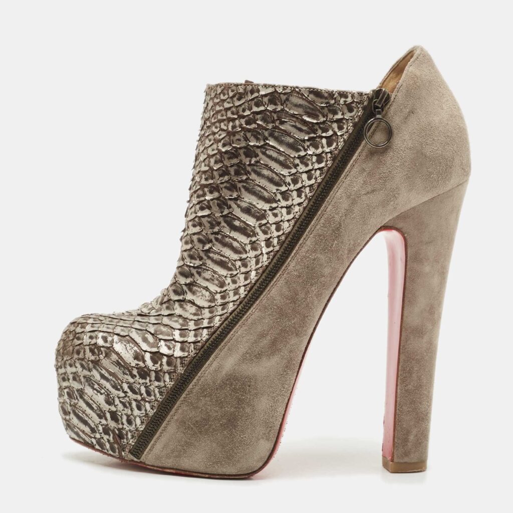 Christian Louboutin Metallic/Brown Python Leather and Suede 4A Ankle Length Boots Size 39 Christian Louboutin Metallic/Brown Python Leather and Suede 4A Ankle Length Boots Size 39