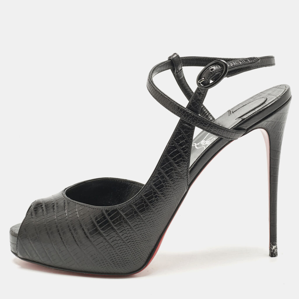 Christian Louboutin Black Croc Embossed Leather Jenlove Alta Peep Toe Ankle Strap Pumps Size 40