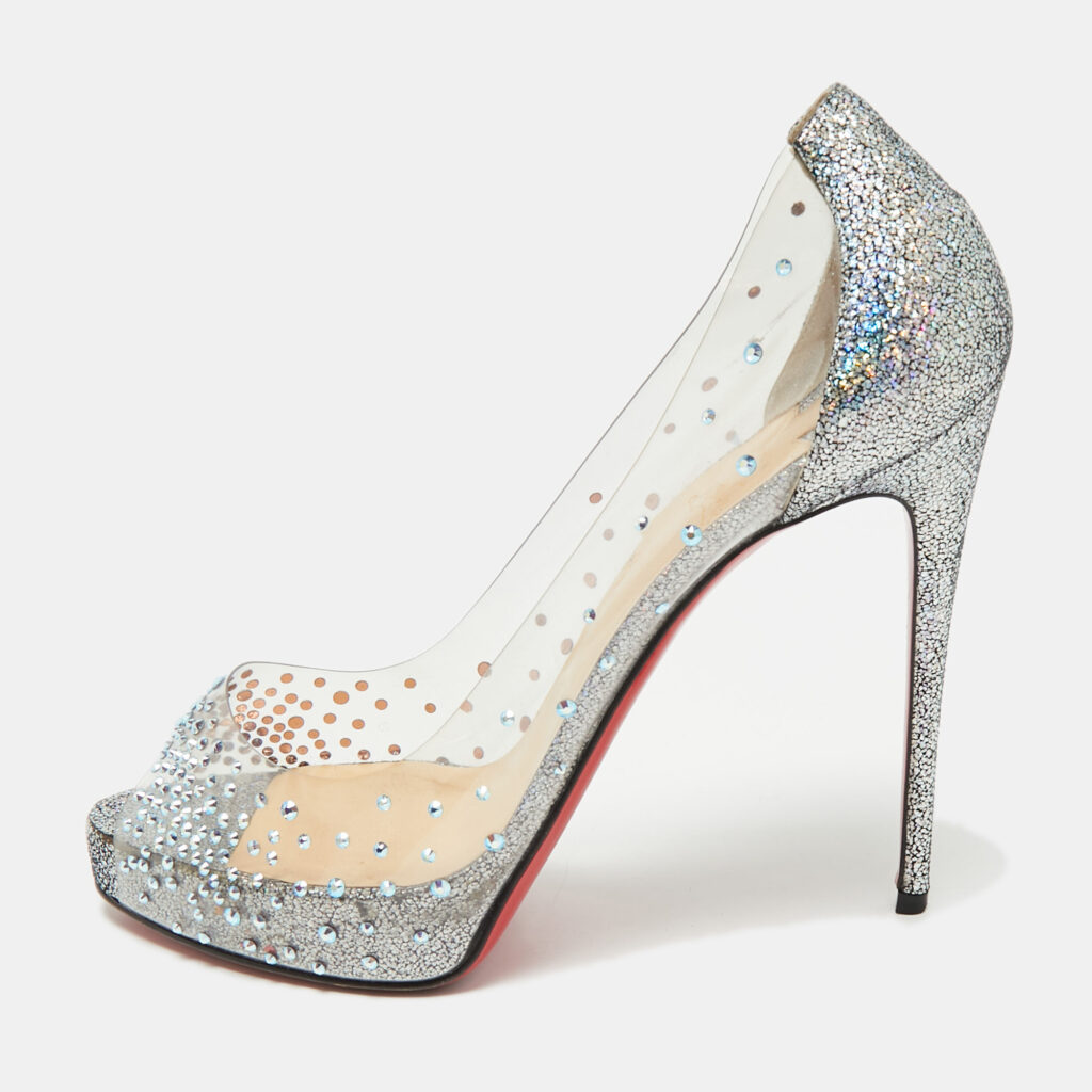 Christian Louboutin Transparent/Blue PVC and Glitter Suede Very Strass Peep Toe Pumps Size 38