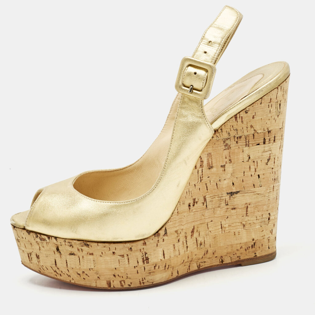 Christian Louboutin Gold Leather Une Plume Wedge Sandals Size 37 Christian Louboutin Gold Leather Une Plume Wedge Sandals Size 37