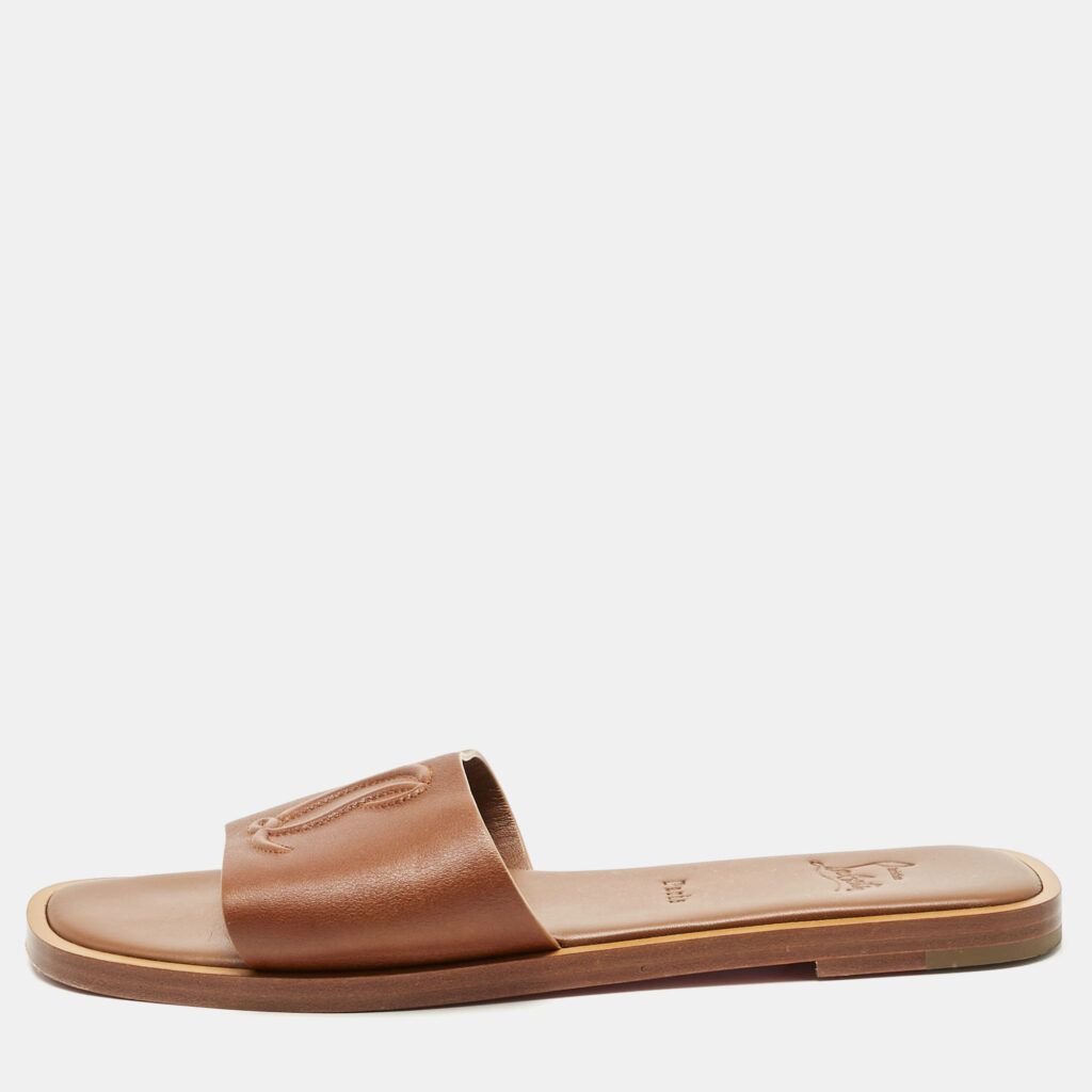 Christian Louboutin Brown Leather CL Flat Slides Size 40