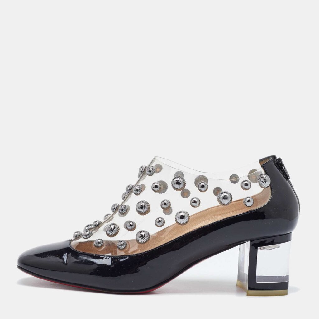Christian Louboutin Black Patent Leather and PVC Space Odd Booties Size 38 Christian Louboutin Black Patent Leather and PVC Space Odd Booties Size 38