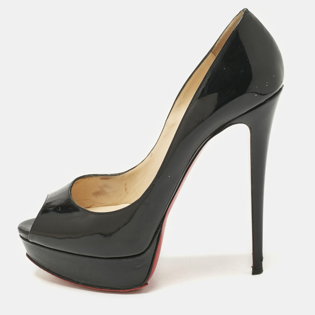 Christian Louboutin Black Patent Leather Lady Peep Toe Platform Pumps Size 40.5