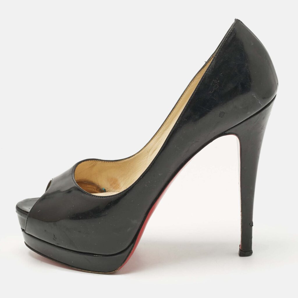 Christian Louboutin Black Patent Leather Lady Peep Toe Platform Pumps Size 37.5