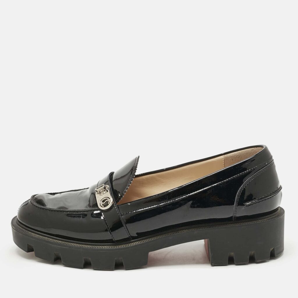 Christian Louboutin Black Patent Leather Lock Woody Slip On Loafers Size 37