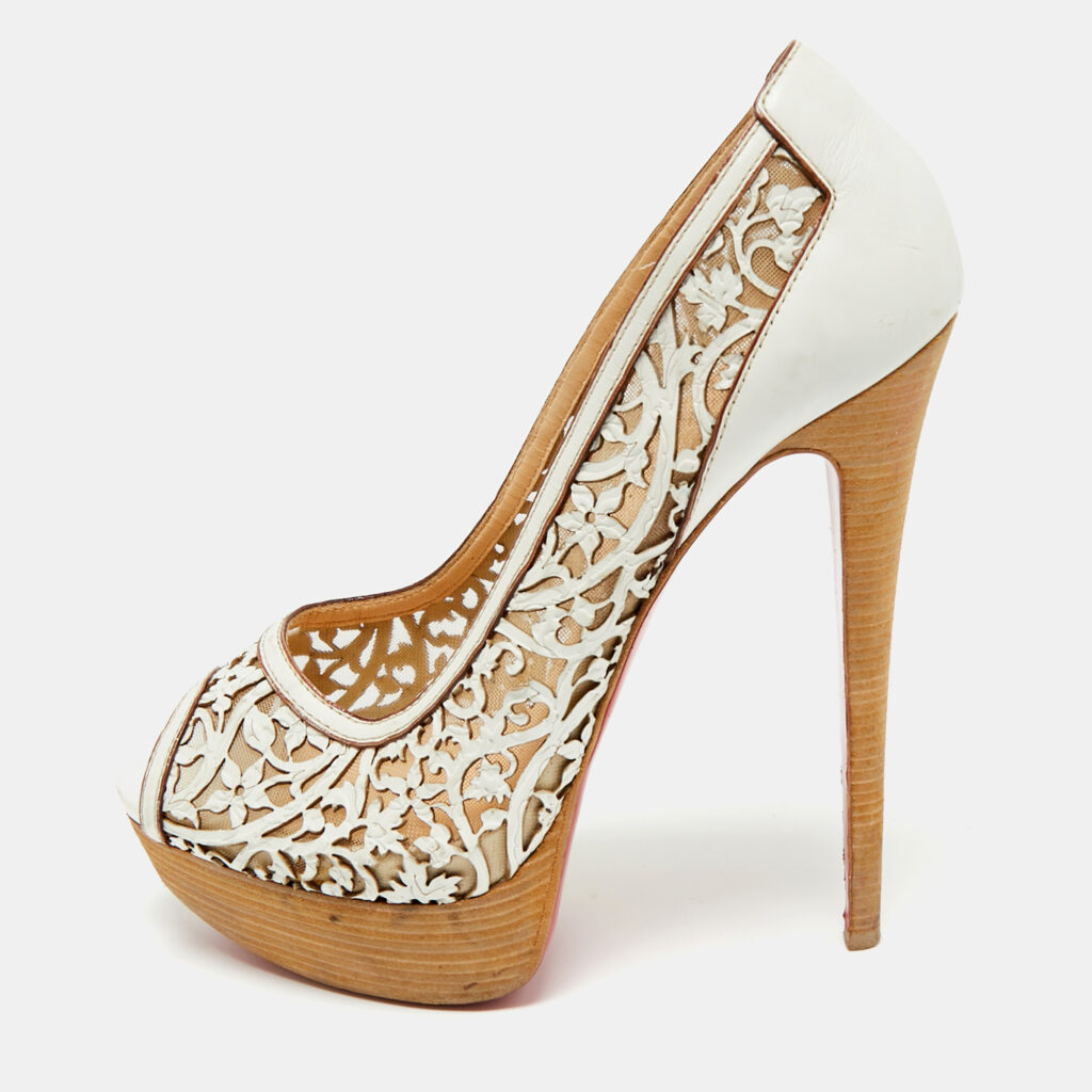 Christian Louboutin White Laser Cut Leather And Mesh Evita Peep Toe Platform Pumps Size 39