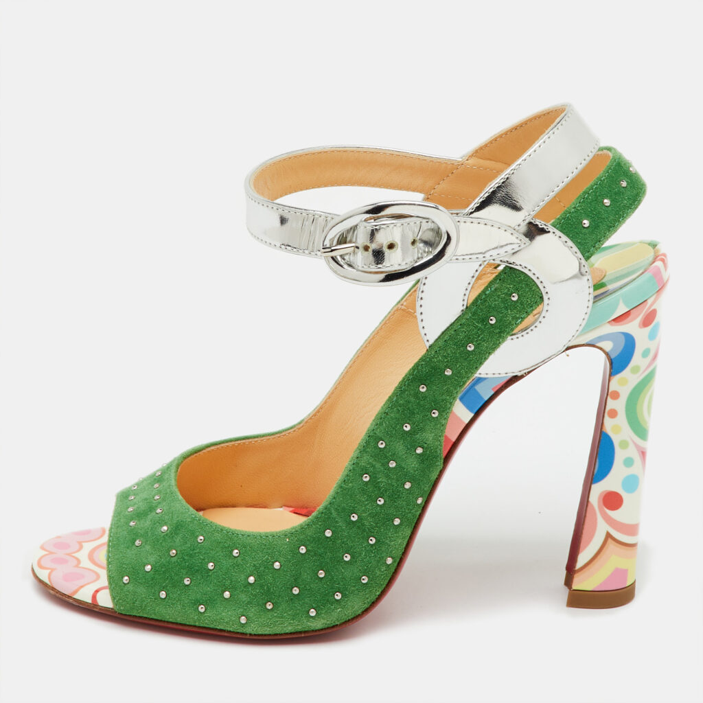 Christian Louboutin Green/Silver Suede and Laminated Leather Studded Loopinga Sandals Size 37 Christian Louboutin Green/Silver Suede and Laminated Leather Studded Loopinga Sandals Size 37