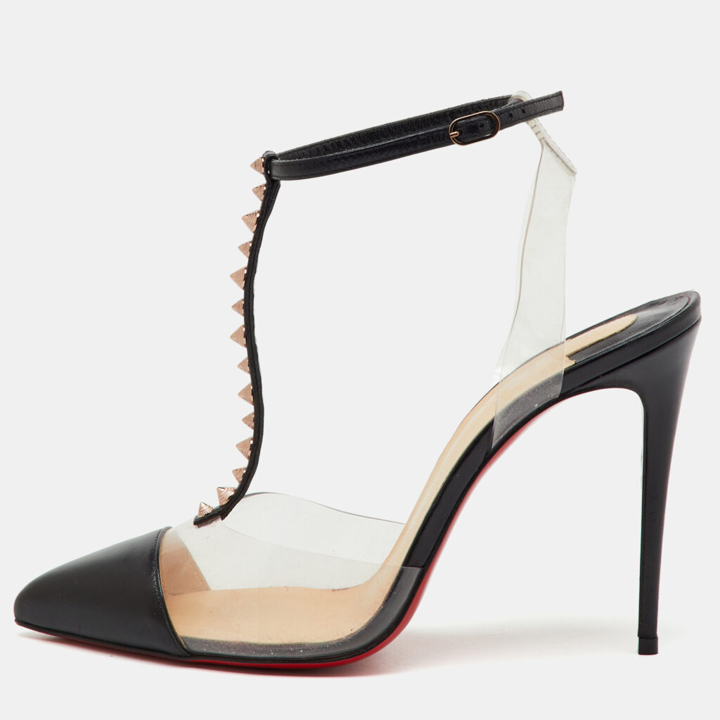 Christian Louboutin Black Leather and PVC Nosy Spikes T-Strap Sandals Size 38 Christian Louboutin Black Leather and PVC Nosy Spikes T-Strap Sandals Size 38