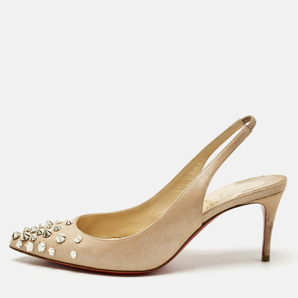 Christian Louboutin Metallic Beige Suede Drama Spikes Slingback Pumps Size 36 Christian Louboutin Metallic Beige Suede Drama Spikes Slingback Pumps Size 36