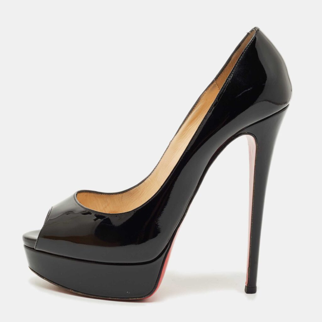 Christian Louboutin Black Patent Leather Lady Peep Toe Platform Pumps Size 39.5