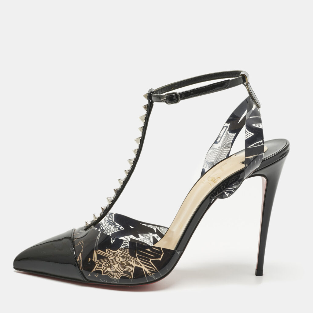 Christian Louboutin Black Patent Leather and PVC Nosy Spike Ankle Strap Sandals Size 40
