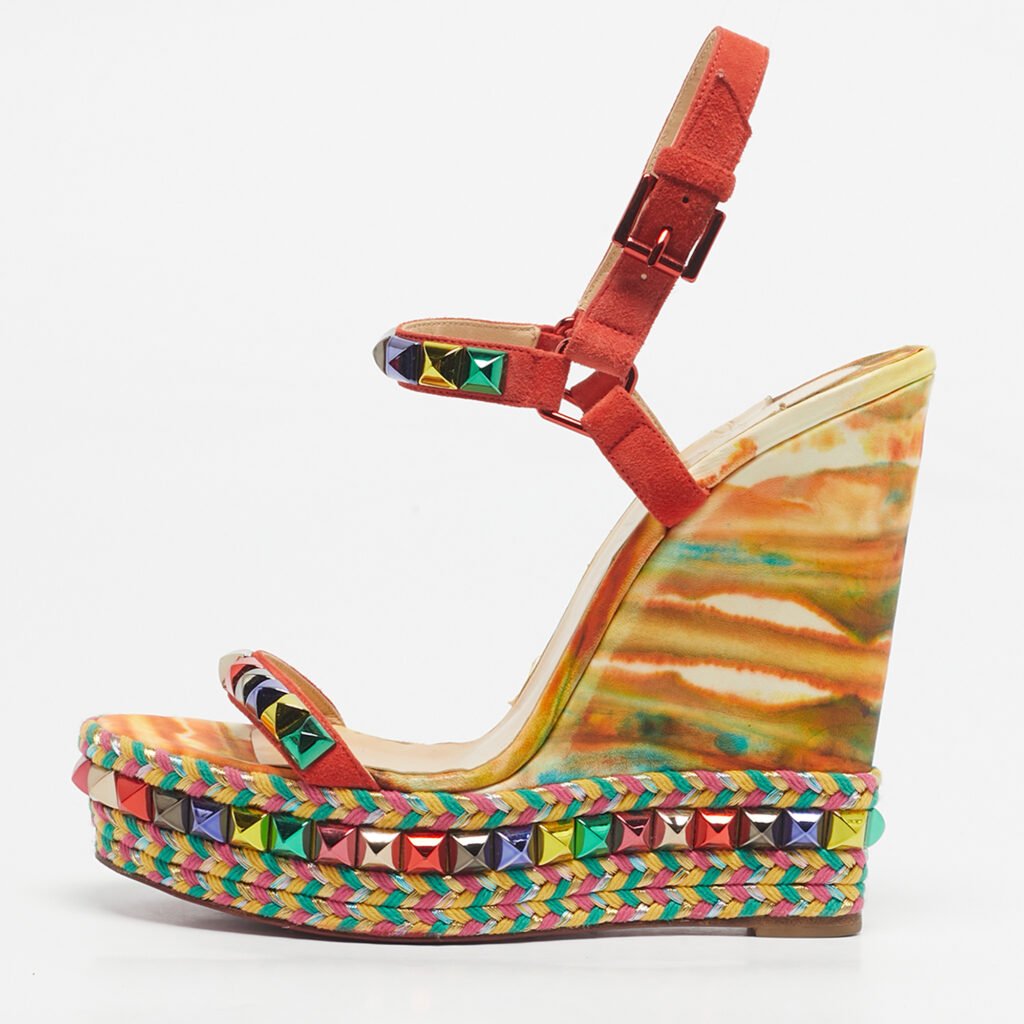 Christian Louboutin Multicolour Suede Studded Cataclou Platform Wedge Sandals Size 40
