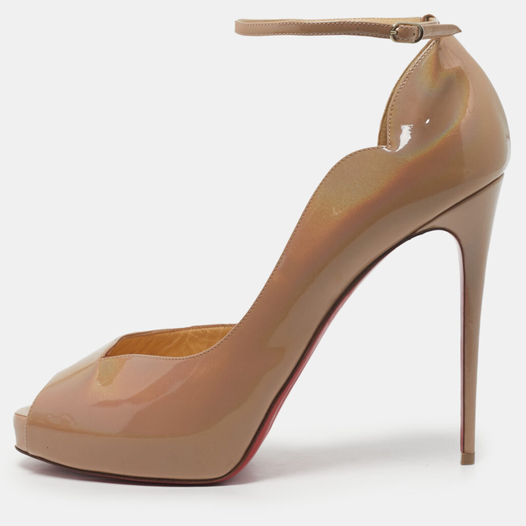 Christian Louboutin Beige Patent Leather Aketata Peep Toe Ankle Wrap Pumps Size 41