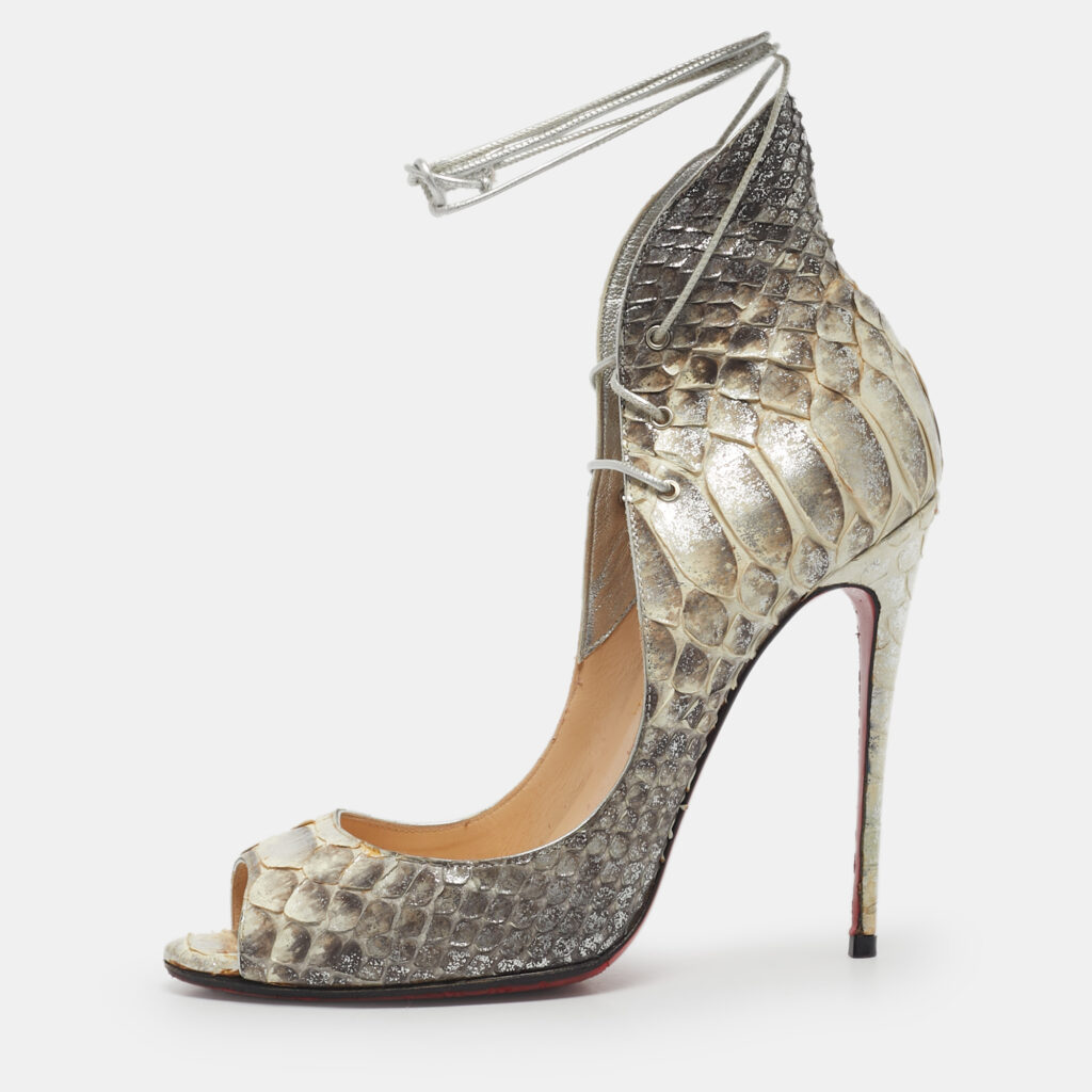 Christian Louboutin Silver Python Leather Megavamp Peep Toe Pumps Size 37.5