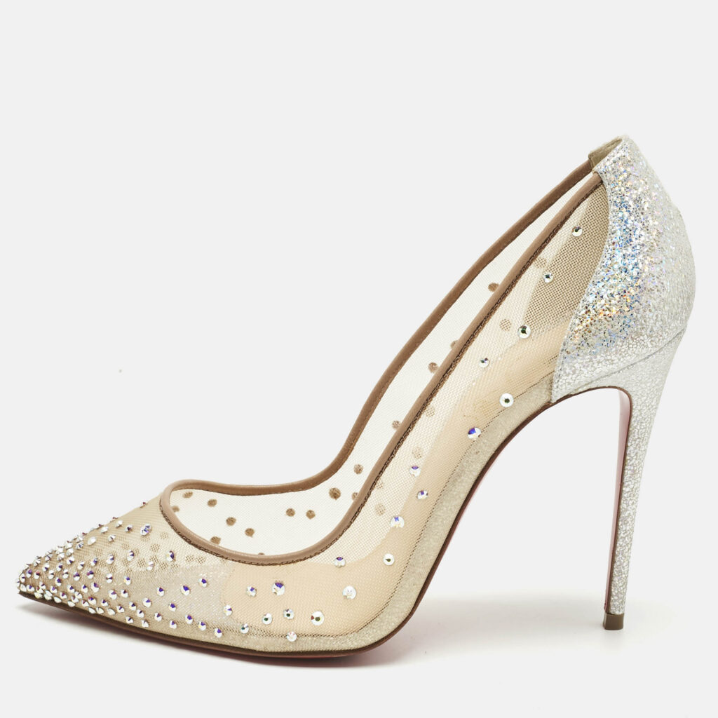 Christian Louboutin Silver/Beige Lace and Mesh Follies Strass Pumps Size 36