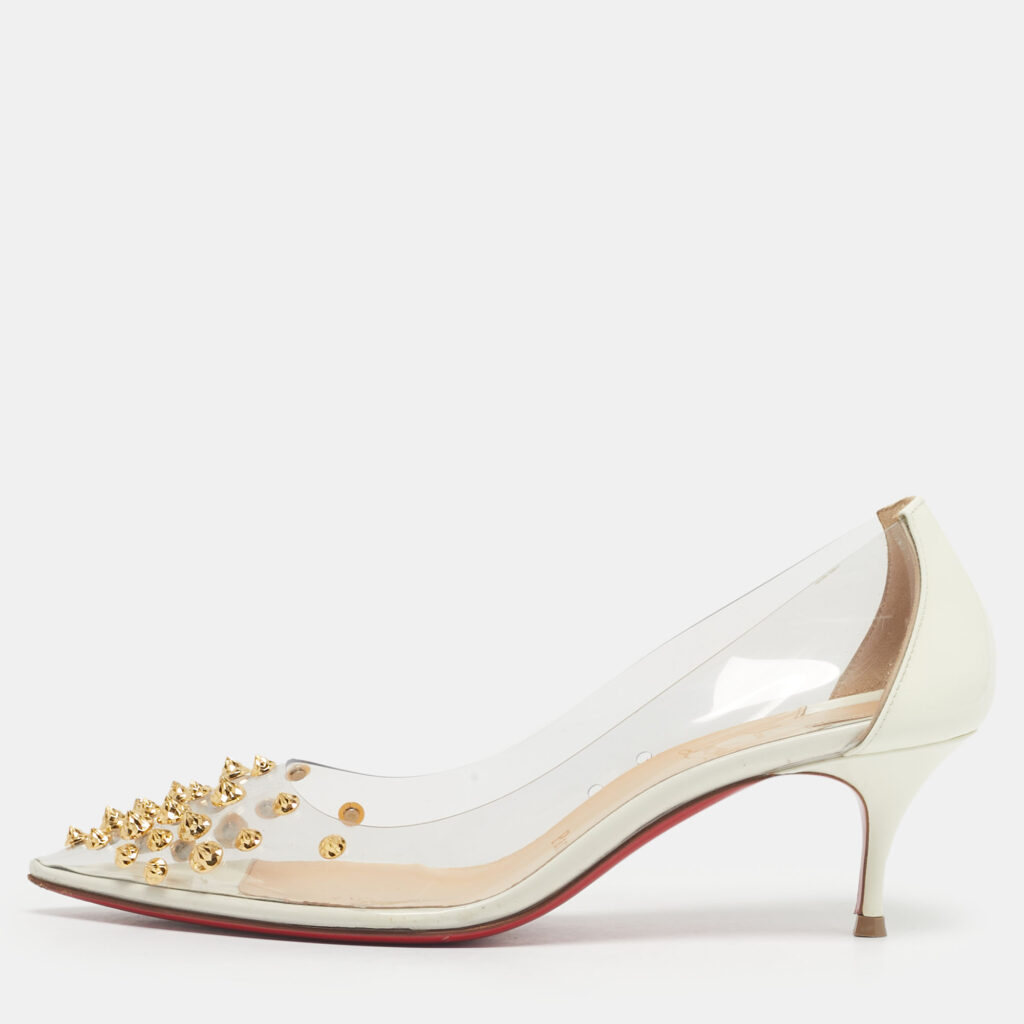 Christian Louboutin White Patent Leather and PVC Collaclou Spikes Pumps Size 36.5
