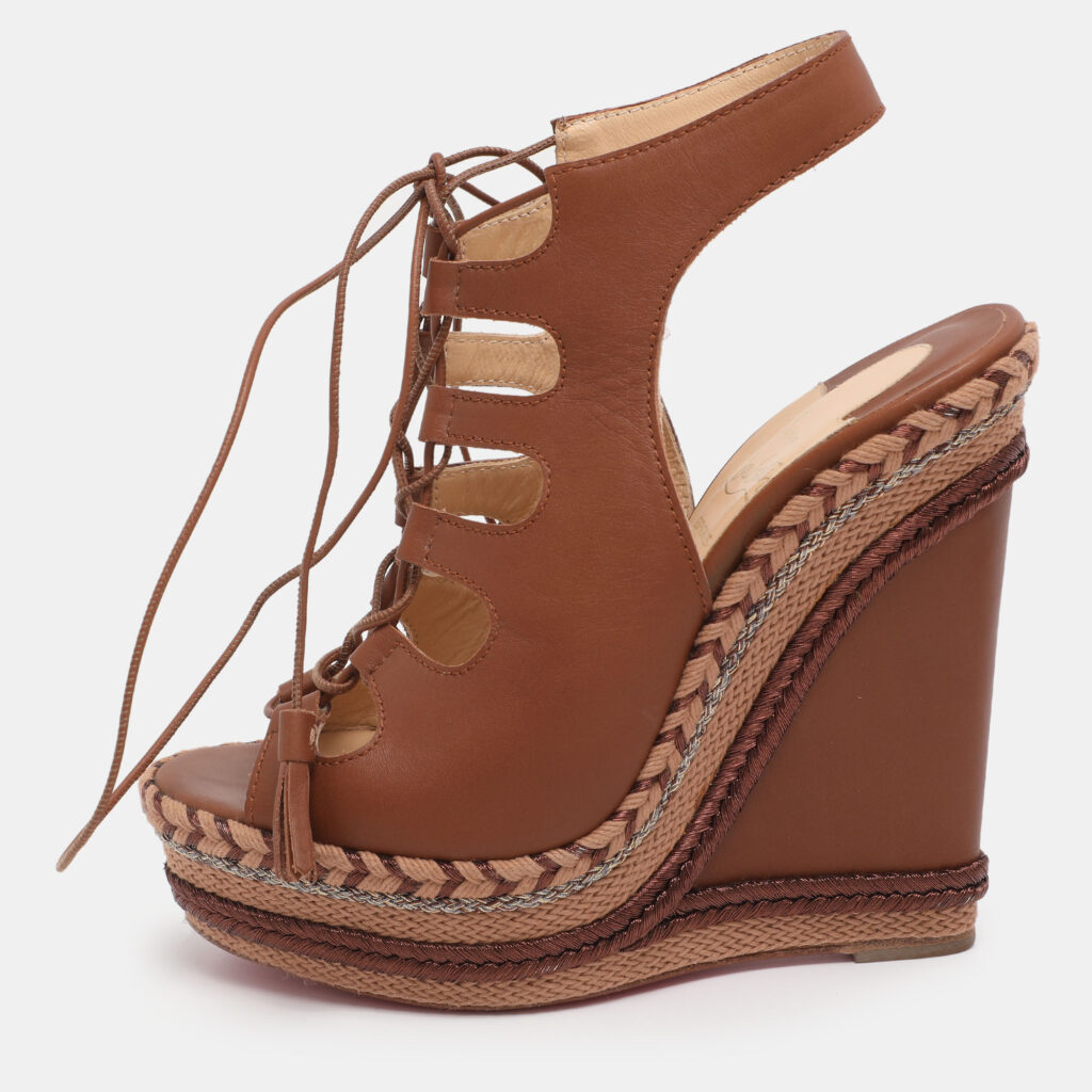 Christian Louboutin Brown Leather Spagana Wedge Sandals Size 38