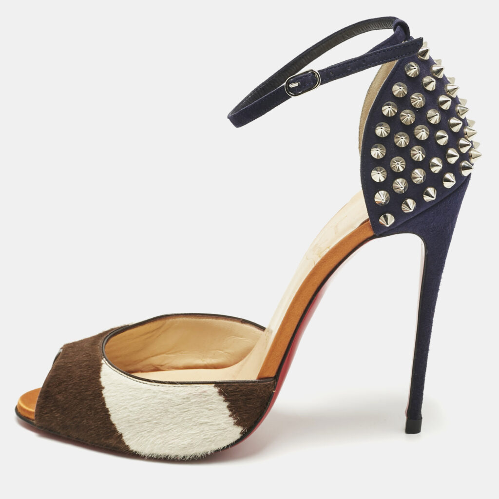 Christian Louboutin Tricolor Calf Hair and Suede Pina Spike Sandals Size 38.5