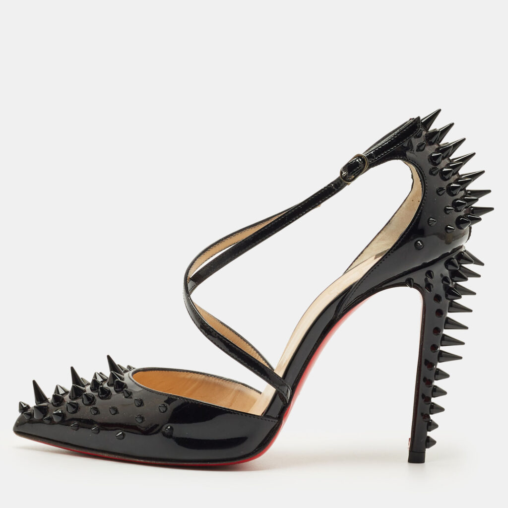 Christian Louboutin Black Patent Leather Goldocross Spike Pumps Size 37.5