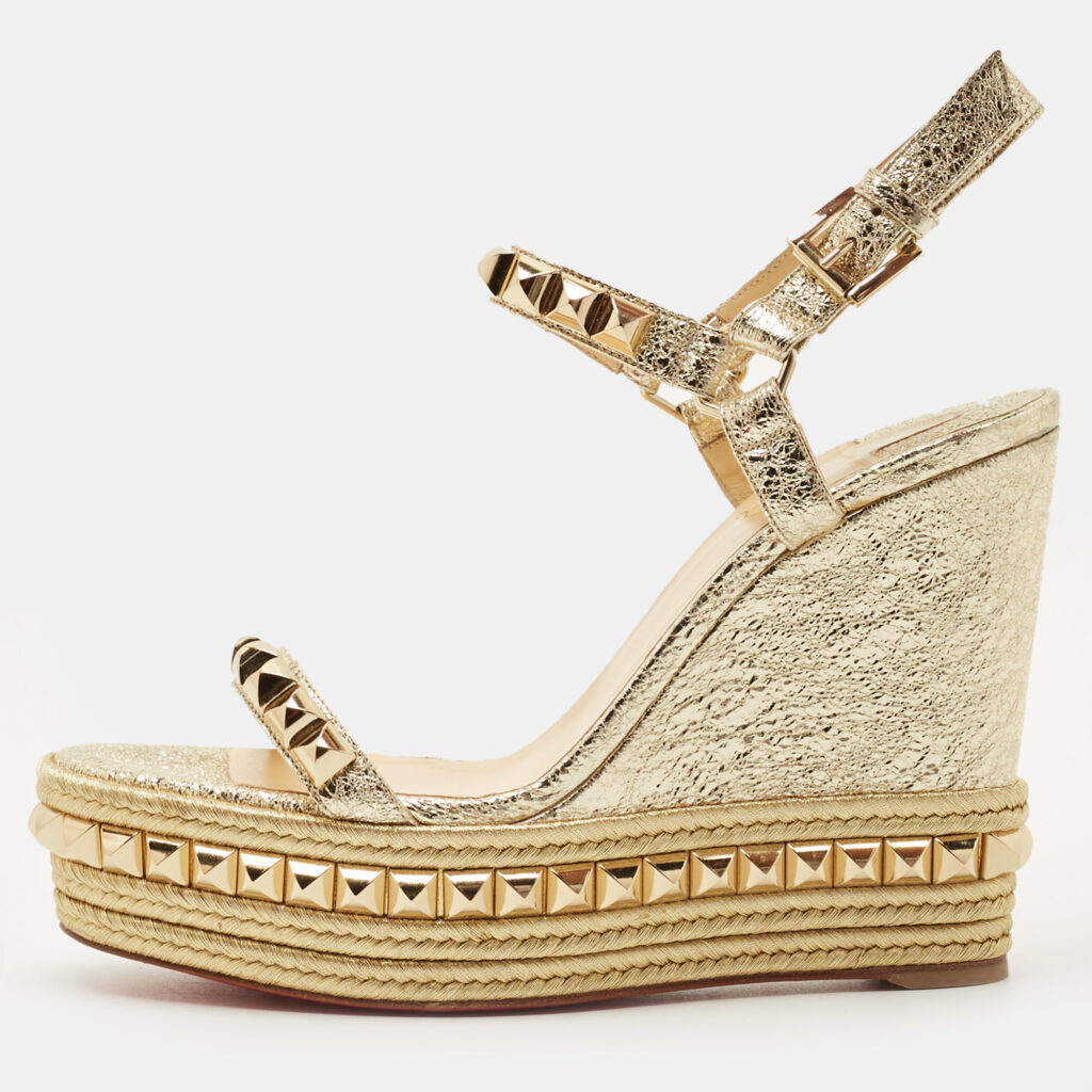 Christian Louboutin Gold Leather Cataclou Wedge Sandals Size 40 Christian Louboutin Gold Leather Cataclou Wedge Sandals Size 40