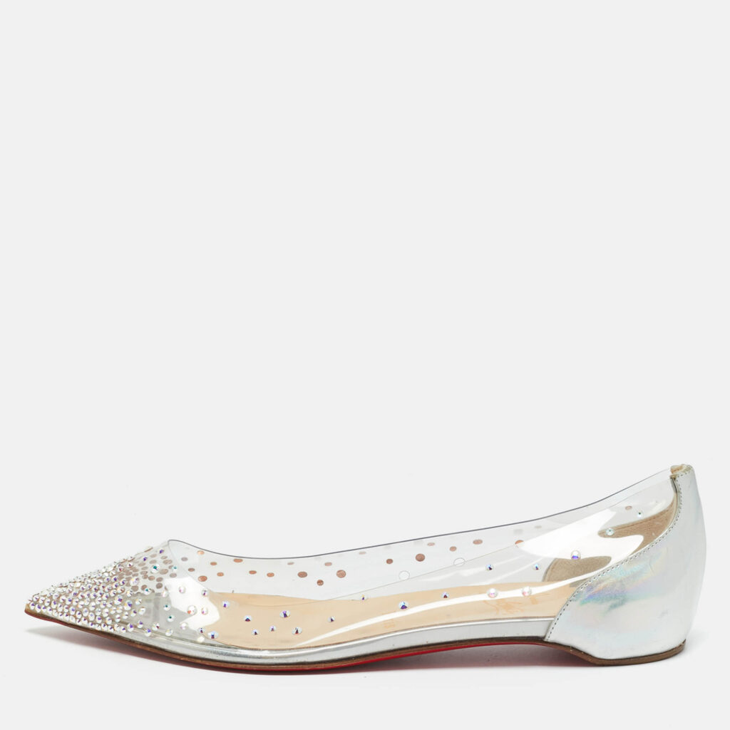 Christian Louboutin Silver/Transparent Leather and PVC Crystal Embellished Degrassita Ballet Flats Size 37 Christian Louboutin Silver/Transparent Leather and PVC Crystal Embellished Degrassita Ballet Flats Size 37
