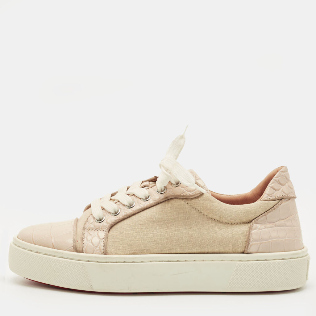 Christian Louboutin Cream/Beige Canvas and Croc Embossed Leather Vieirissima Low Top Sneakers Size 38 Christian Louboutin Cream/Beige Canvas and Croc Embossed Leather Vieirissima Low Top Sneakers Size 38