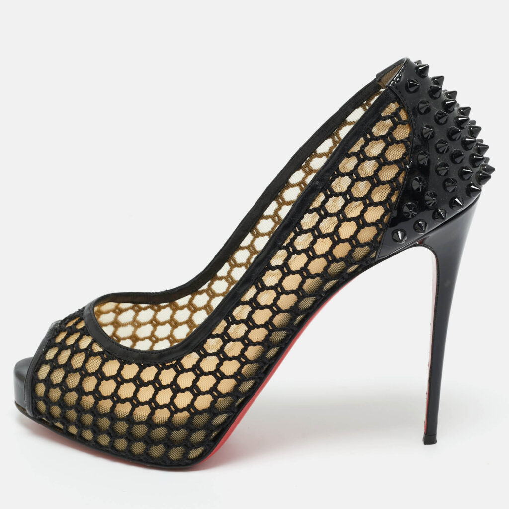 Christian Louboutin Black Patent Leather and Mesh Guni Spiked Peep Toe Platform Pumps Size 40.5