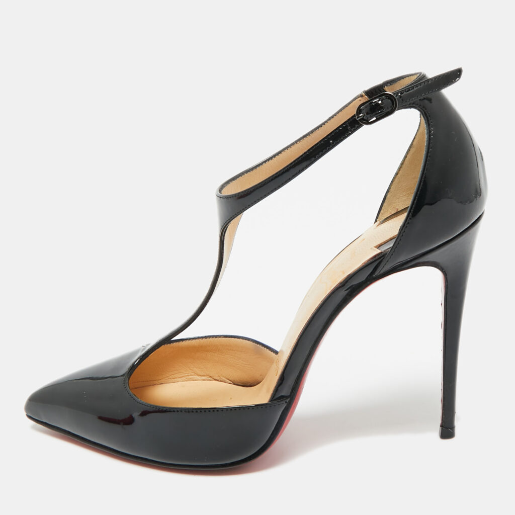 Christian Louboutin Black Patent Leather J String T-Strap Pumps Size 35.5