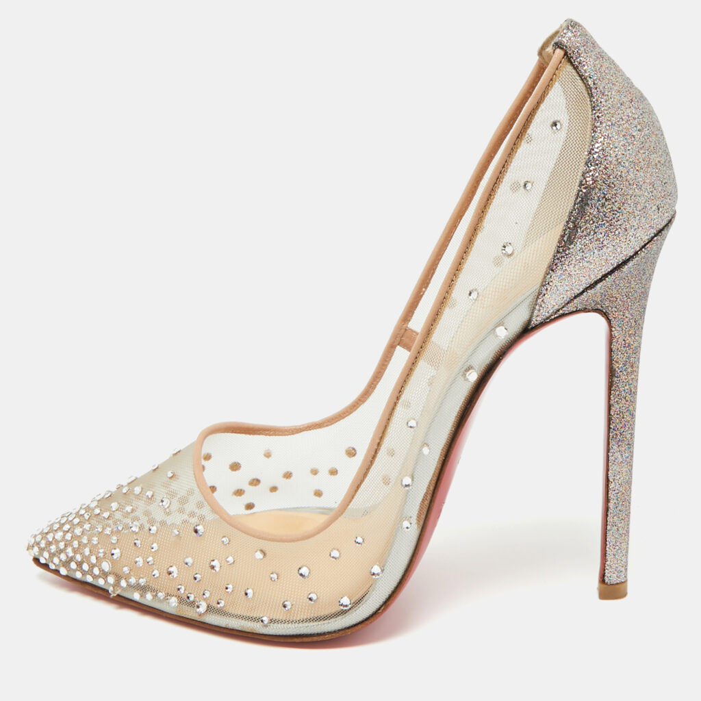 Christian Louboutin Beige Mesh, Glitter and Leather Follies Strass Pumps Size 39 Christian Louboutin Beige Mesh, Glitter and Leather Follies Strass Pumps Size 39
