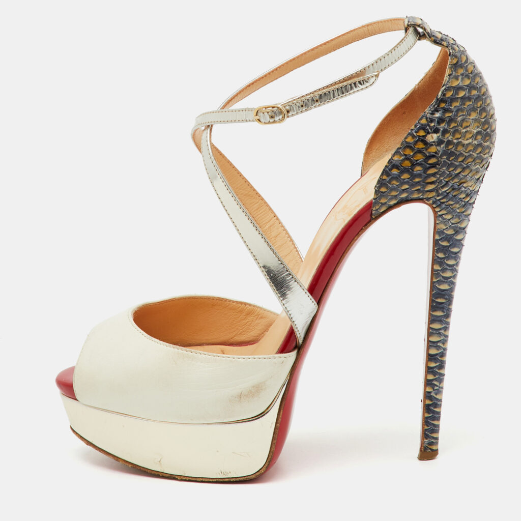 Christian Louboutin Multicolor Python and Leather Crisscross Peep Toe Platform Pumps Size 38 Christian Louboutin Multicolor Python and Leather Crisscross Peep Toe Platform Pumps Size 38