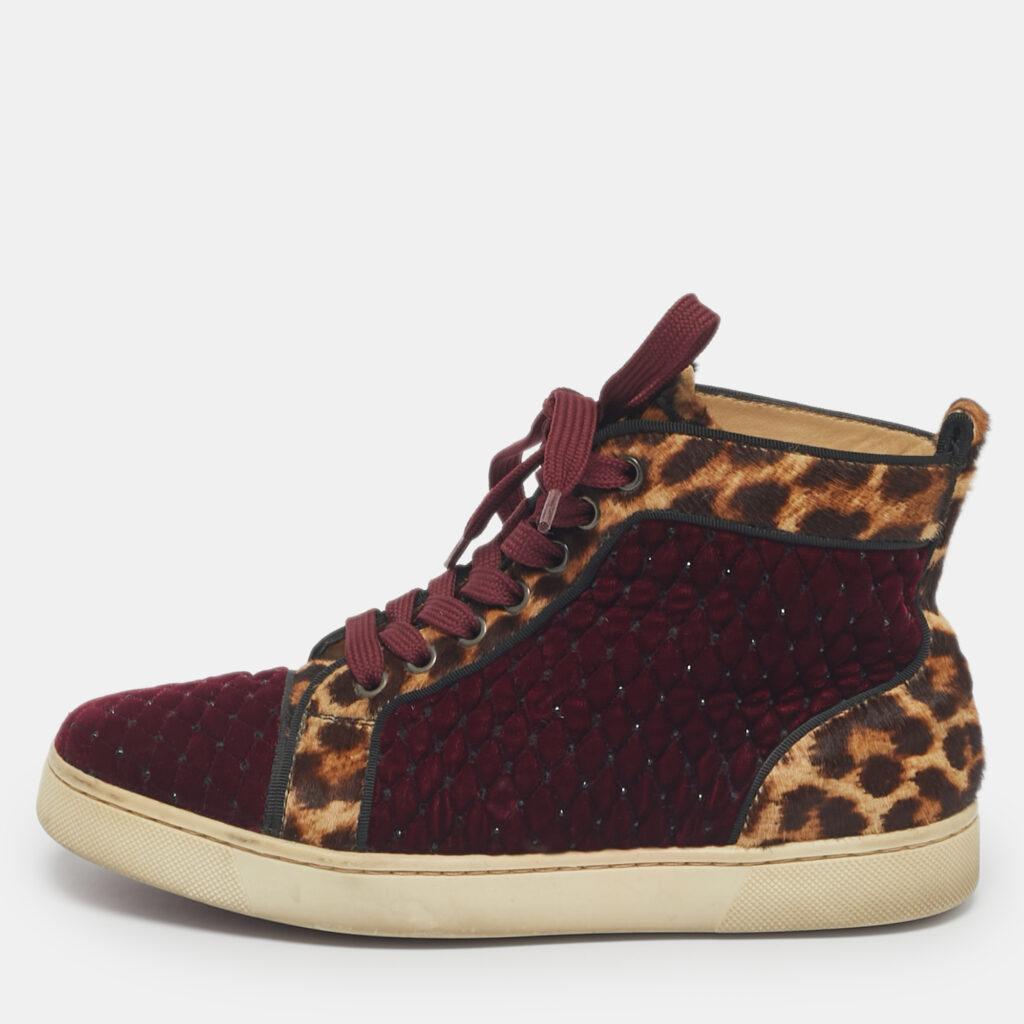 Christian Louboutin Burgundy/Brown Leopard Print Calf Hair And Velvet Louis Orlato Sneakers Size 37 Christian Louboutin Burgundy/Brown Leopard Print Calf Hair And Velvet Louis Orlato Sneakers Size 37