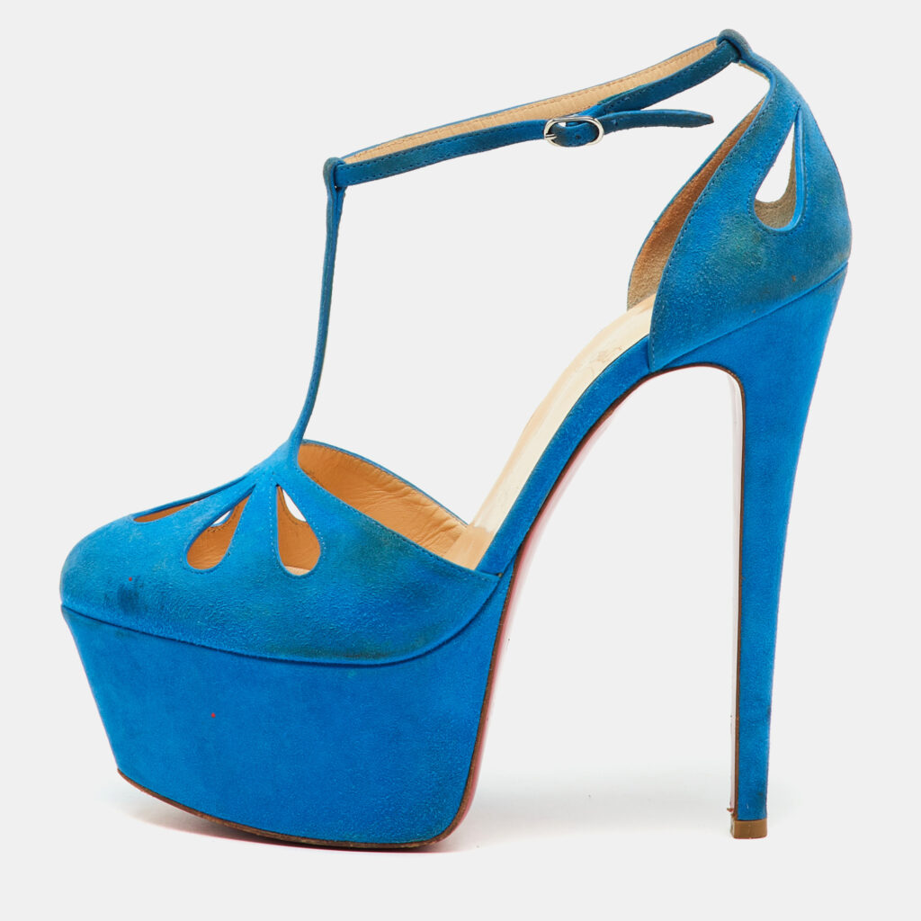 Christian Louboutin Blue Suede Mayada T-Strap Platform Pumps Size 38.5 Christian Louboutin Blue Suede Mayada T-Strap Platform Pumps Size 38.5