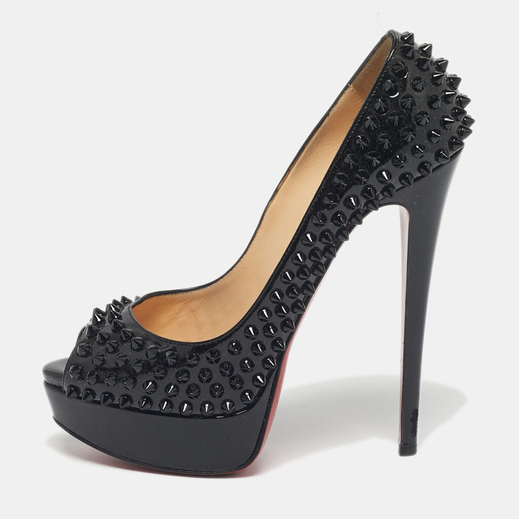 Christian Louboutin Black Patent Leather Lady Peep Spikes Pumps Size 38 Christian Louboutin Black Patent Leather Lady Peep Spikes Pumps Size 38