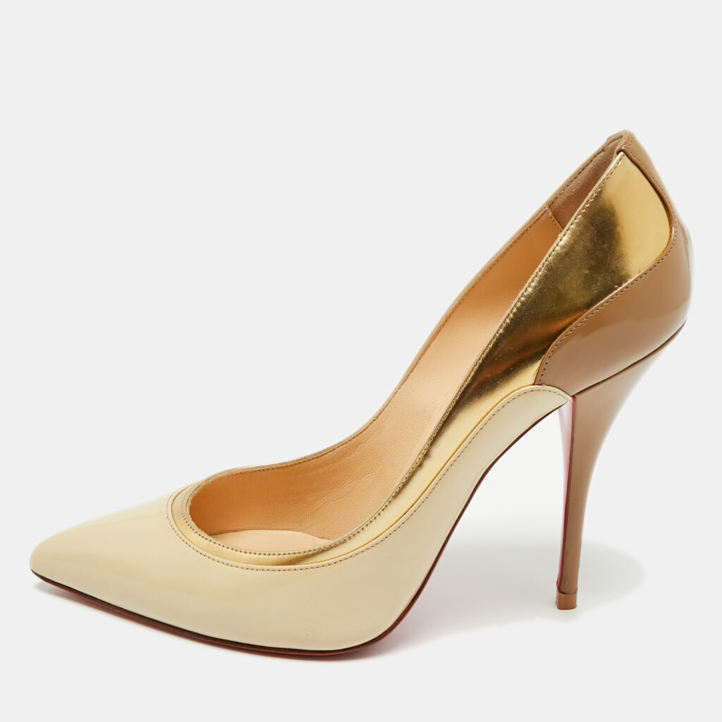 Christian Louboutin Beige/Gold Patent Leather Tucsick Pointed Toe Pumps Size 39