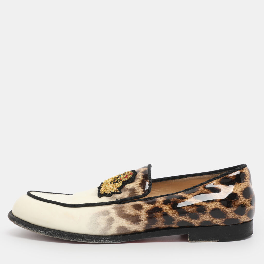Christian Louboutin Cream Leopard Print Patent Leather Laperouza Loafers Size 38.5 Christian Louboutin Cream Leopard Print Patent Leather Laperouza Loafers Size 38.5