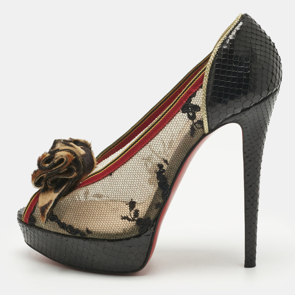 Christian Louboutin Multicolor Lace and Python Leather Calf Hair Bow Peep Toe Platform Pumps Size 38.5 Christian Louboutin Multicolor Lace and Python Leather Calf Hair Bow Peep Toe Platform Pumps Size 38.5