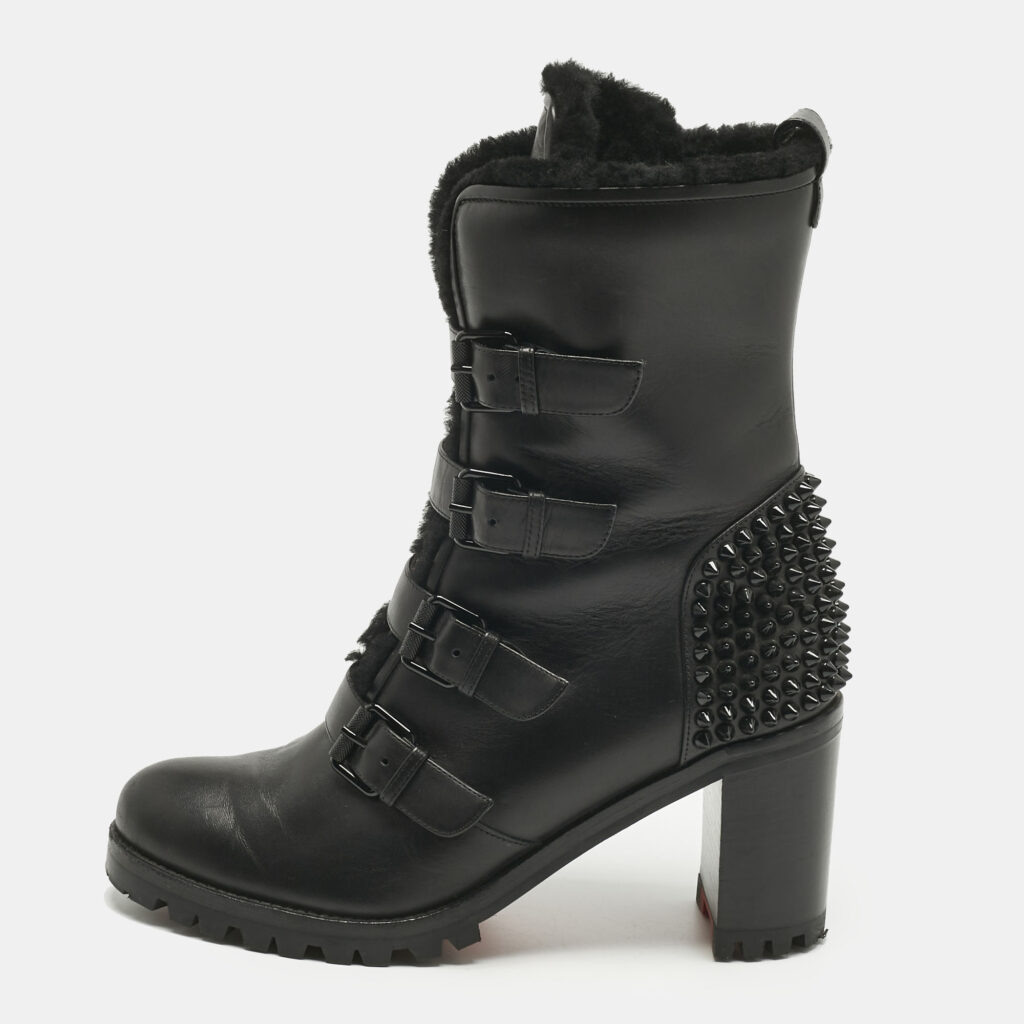 Christian Louboutin Black Leather and Shearing Spike Accents Combat Boots Size 39