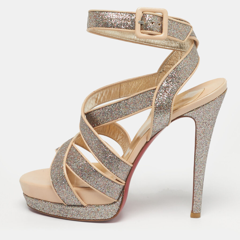 Christian Louboutin Beige/Gold Glitter and Leather Straratata Strappy Platform Sandals Size 37