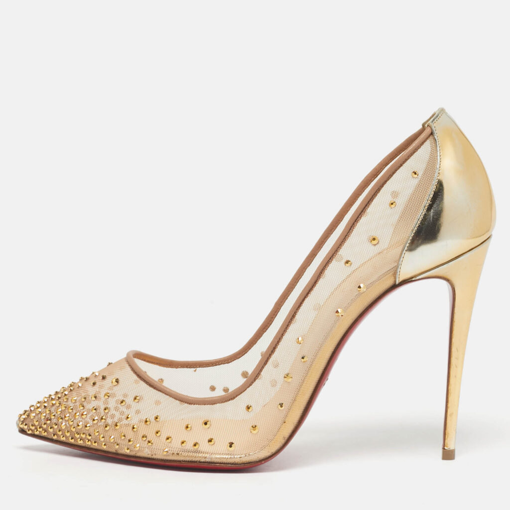 Christian Louboutin Gold Leather and Mesh Follies Strass Pumps Size 39 Christian Louboutin Gold Leather and Mesh Follies Strass Pumps Size 39