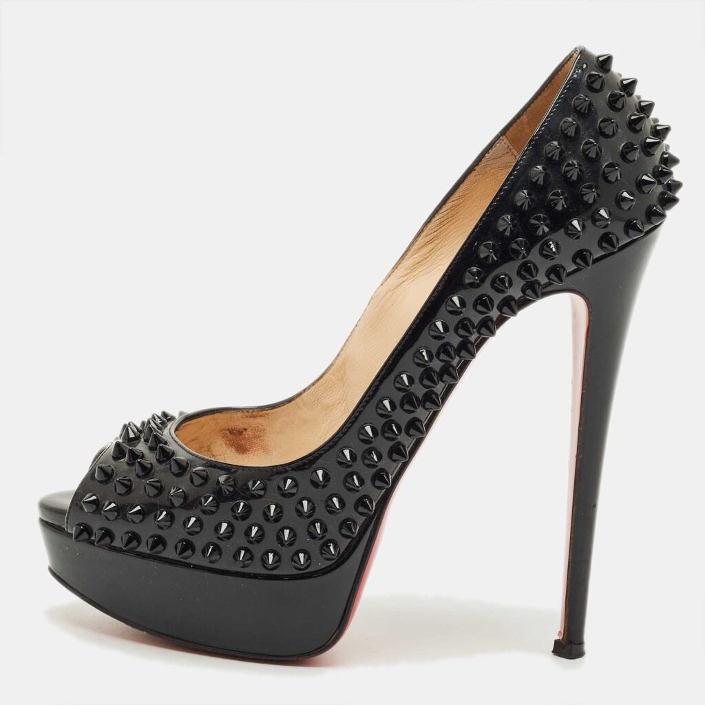 Christian Louboutin Black Patent Lady Peep Toe Spikes Platform Pumps Size 39 Christian Louboutin Black Patent Lady Peep Toe Spikes Platform Pumps Size 39