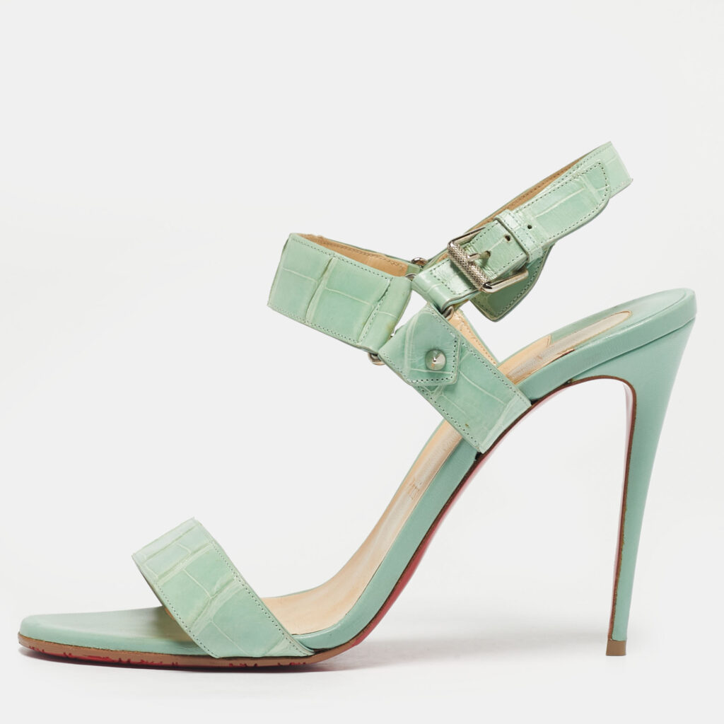 Christian Louboutin Green Alligator Leather Sova Ankle Strap Sandals Size 39.5