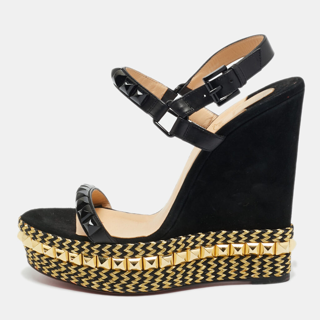 Christian Louboutin Black Suede Studded Cataclou Espadrille Wedge Sandals Size 40 Christian Louboutin Black Suede Studded Cataclou Espadrille Wedge Sandals Size 40