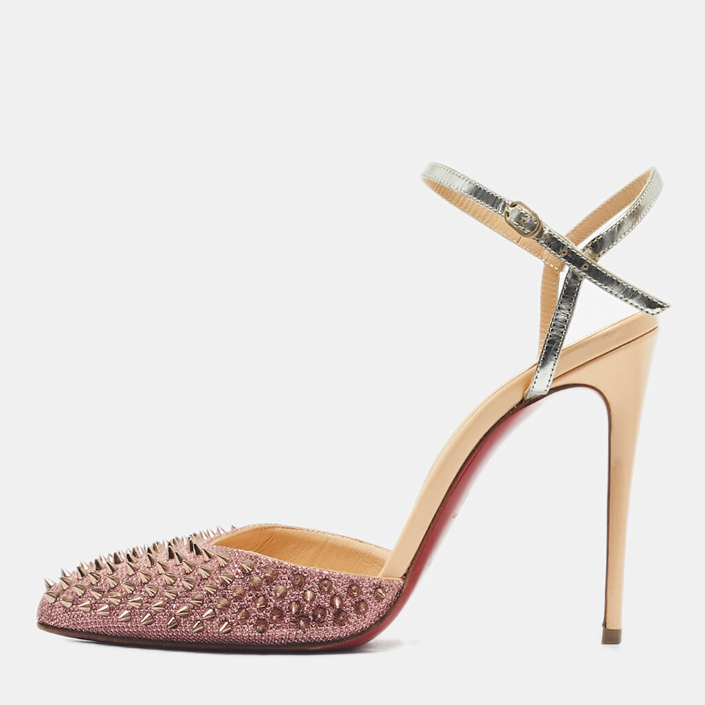 Christian Louboutin Pink/Beige Lurex Fabric and Leather Baila Spike Ankle Strap Pumps Size 36.5