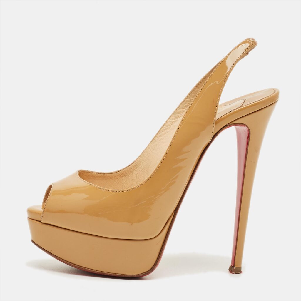 Christian Louboutin Beige Patent Leather Private Number Peep Toe Pumps Size 35.5