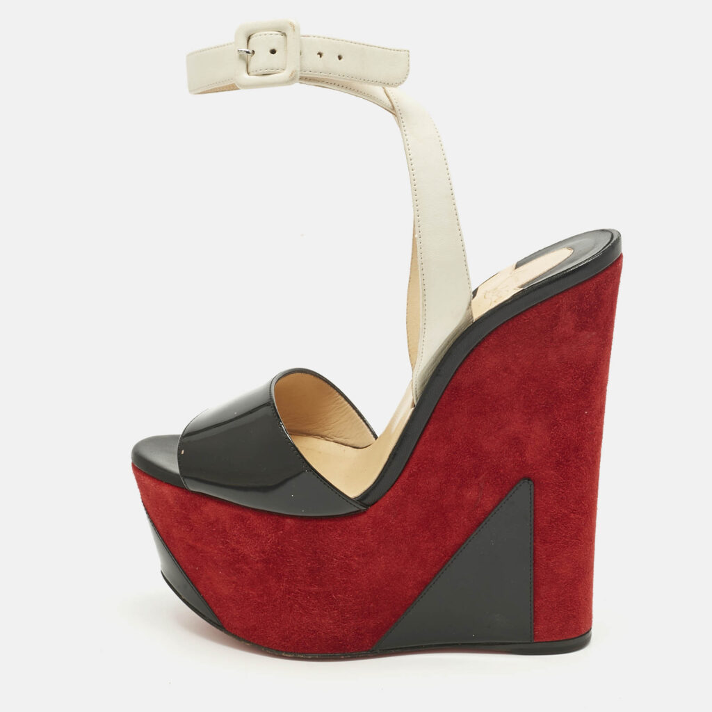 Christian Louboutin Black/White Leather and Patent Leather Tromploia Wedge Sandals Size 36 Christian Louboutin Black/White Leather and Patent Leather Tromploia Wedge Sandals Size 36