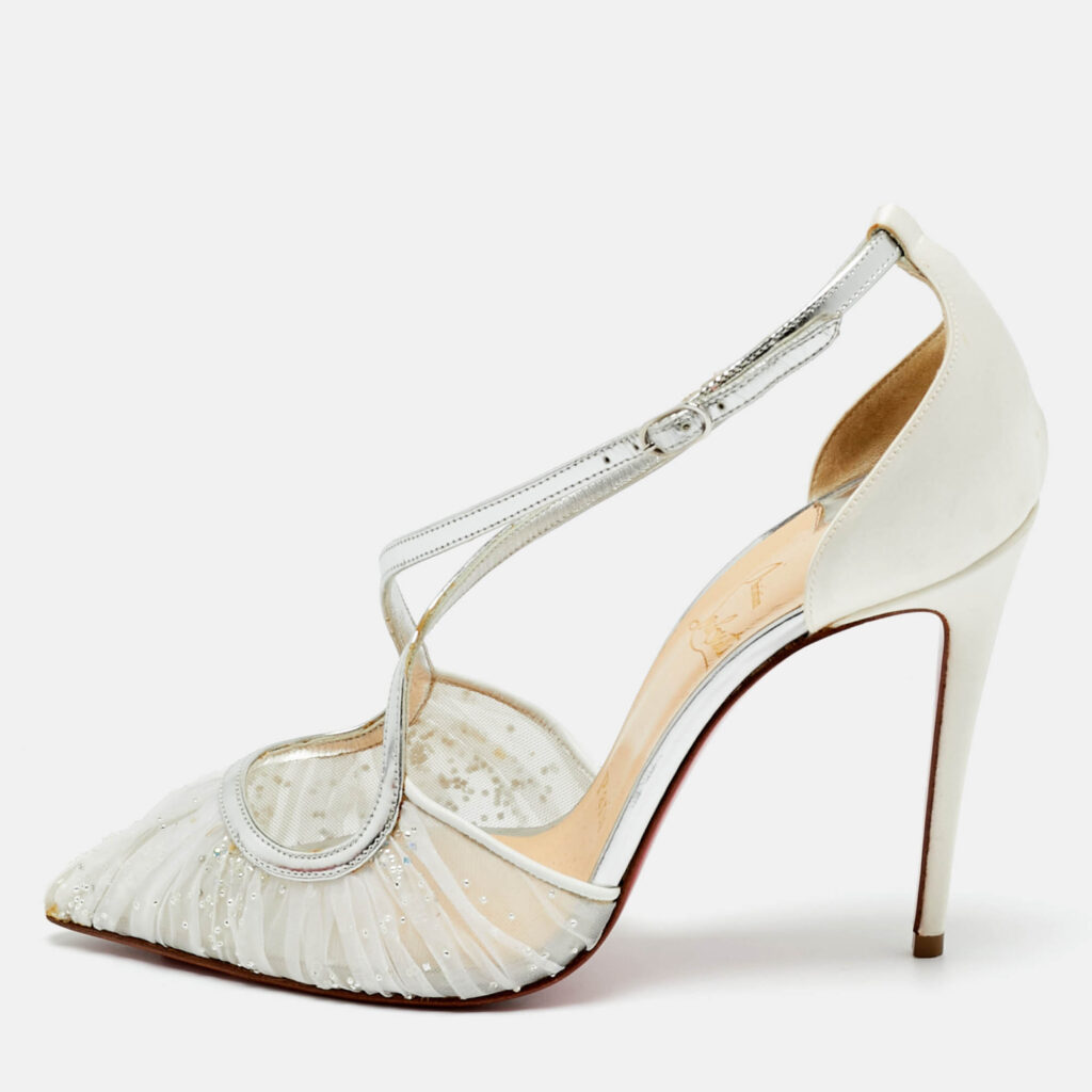 Christian Louboutin Beige/Silver Lace And Satin Twistissima Pointed Toe Ankle Strap Sandals Size 36
